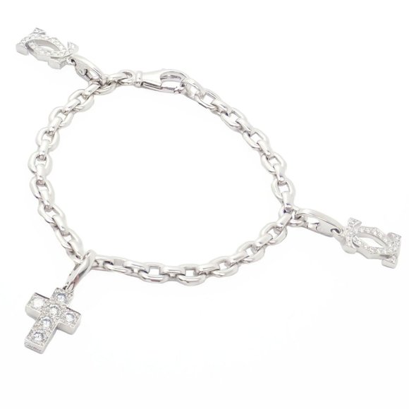 Authentic! Cartier 18k White Gold 3 Charm Bracelet with Diamond Cross Double C's - Picture 1 of 12